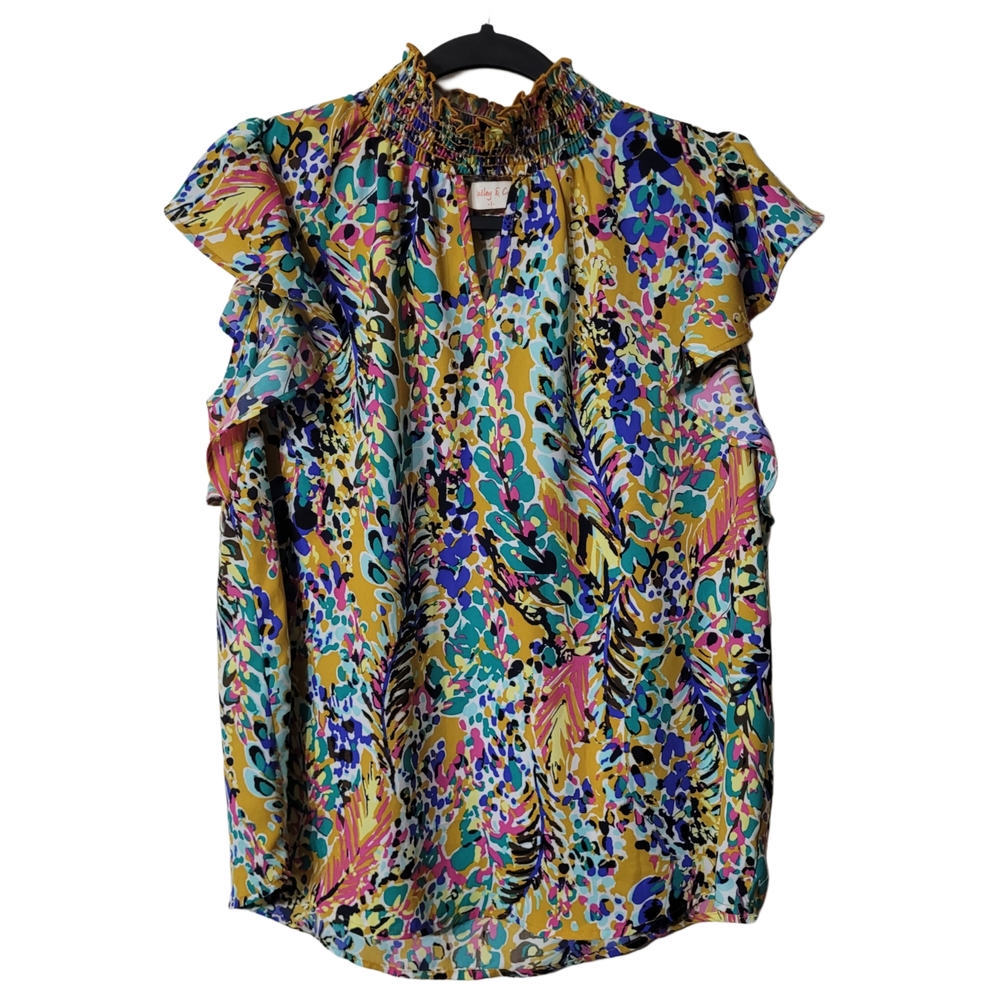 Shelley & Belle Mustard Multicolor Floral Ruffle Sleeve Blouse